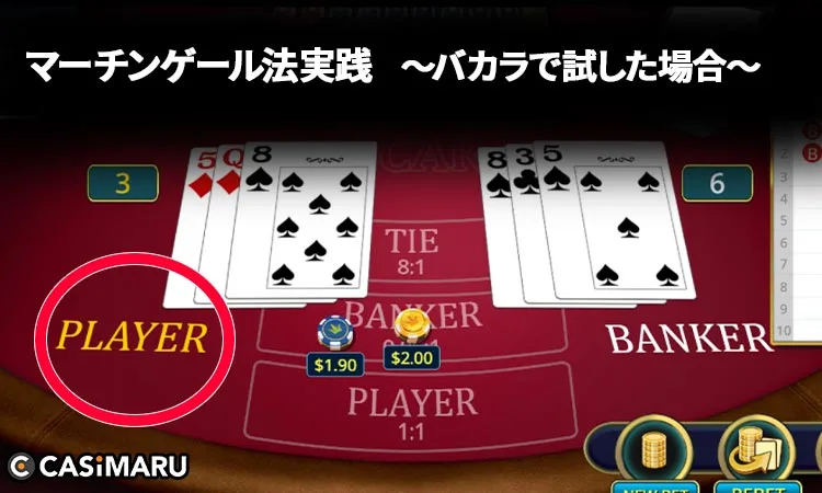 バカラにおけるマーチンゲール法の使い方 (見事プレーヤーが勝利)