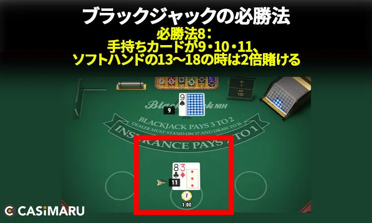 ブラックジャックの必勝法 (必勝法8：手持ちカードが9・10・11、ソフトハンドの13～18の時は2倍賭ける)
