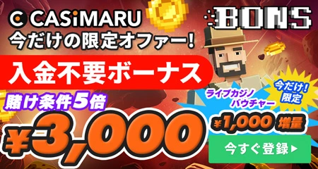 ボンズカジノの入金不要ボーナスミニバナー(3000円ボーナスマネー+特別1000円ライブカジノバウチャー)