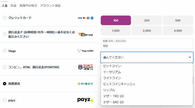 カジノシークレットの入金方法の仮想通貨の選択
