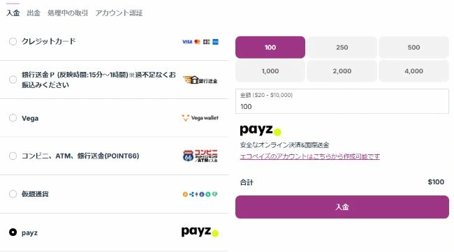カジノシークレットの入金方法のペイズ