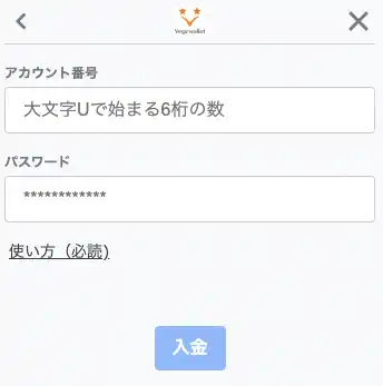 カジノスカイのベガウォレット入金の画面