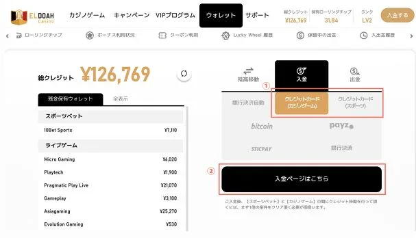 エルドアカジノの入金方法(クレジットカード)