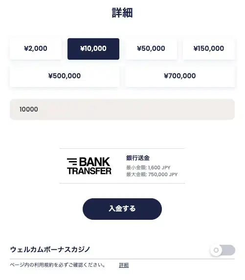リリベットカジノの銀行振込入金の画面