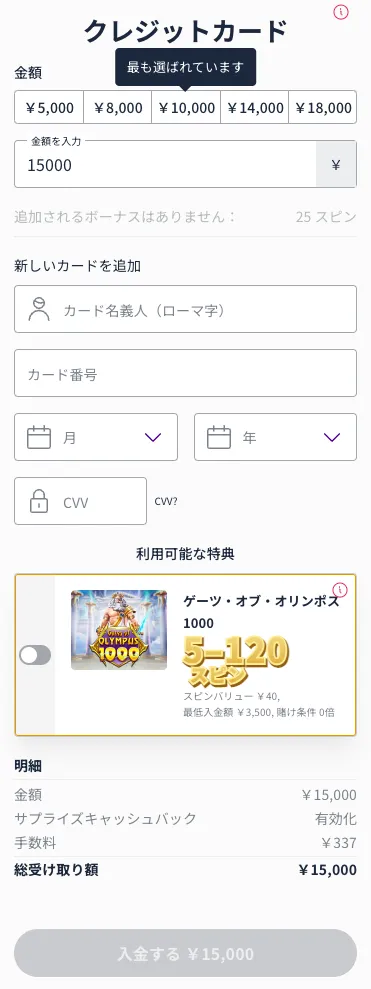 ミスティーノのクレジットカード入金画面の画像