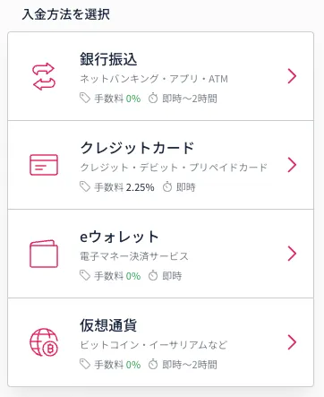 ミスティーノの入金方法一覧の画像