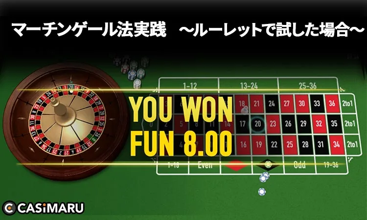 ルーレットにおけるマーチンゲール法の使い方 (4ゲーム目で見事勝利)