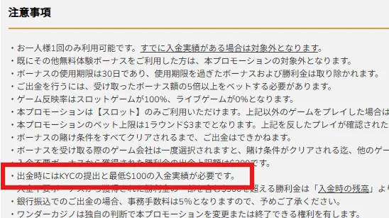 ワンダーカジノの入金不要ボーナスに関する注意事項(最小$100の入金が必要)
